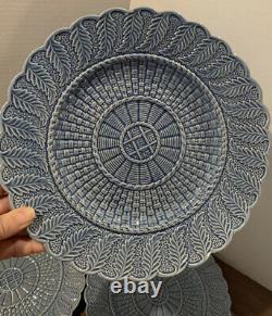 4 Majolica Bordallo Pinheiro Blue Basketweave Dinner Plates Dish Portugal 10.5