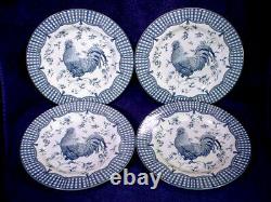 4 Mint QUEEN's China ROOSTER BLUE Dinner 10-3/4 Plate SET Lot COUNTRY Tableware