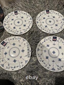 4 Queens 10 Blue & White Floral Dinner Plates England Earthenware Finlandia Blu