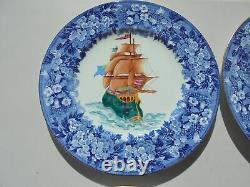4 Vintage Wedgwood Porcelain HP Ship Dinner Plates Blue Transferware Border