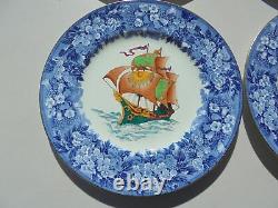 4 Vintage Wedgwood Porcelain HP Ship Dinner Plates Blue Transferware Border