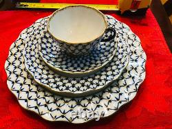 4p Lomonosov Cobalt Net PLACE SETTING Scalloped Dinner 11 LFZ Russian Porcelain