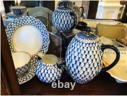 4p Lomonosov Cobalt Net PLACE SETTING Scalloped Dinner 11 LFZ Russian Porcelain