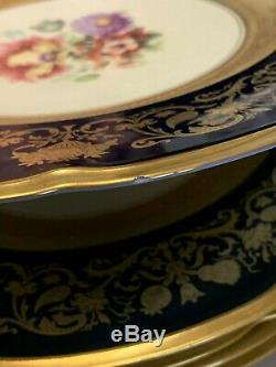 5 Black Knight Dinner Plates Cobalt Blue Gold Encrusted Floral Center Bavaria