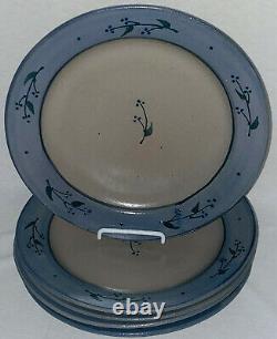 5 Rowe Pottery SALT GLAZE BLUE DOT FLOWERS WithGREEN STEMS 10 3/4 DINNER PLATES
