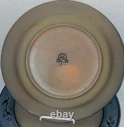 5 Rowe Pottery SALT GLAZE BLUE DOT FLOWERS WithGREEN STEMS 10 3/4 DINNER PLATES