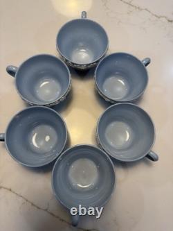 5 Tea Cup Set +1 Ext Cup WEDGEWOOD ETRURIA BARLASTON QUEENSWARE CREAM ON BLUE