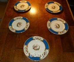 5 VTG MYOTT Staffordshire CHELSEA BIRD BLUE Dinner Plates Signed Raised Paint