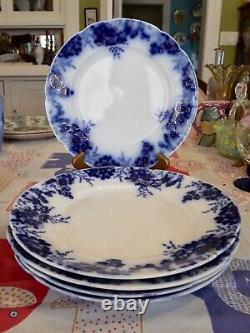 5 pcs. ANTIQUE JOHNSON BROS. PEACH ROYAL PATTERN FLOW BLUE w GOLD DINNER PLATES