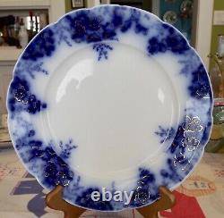 5 pcs. ANTIQUE JOHNSON BROS. PEACH ROYAL PATTERN FLOW BLUE w GOLD DINNER PLATES