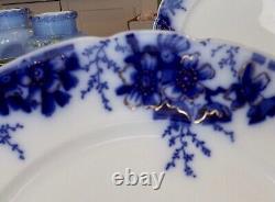 5 pcs. ANTIQUE JOHNSON BROS. PEACH ROYAL PATTERN FLOW BLUE w GOLD DINNER PLATES