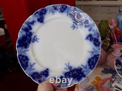 5 pcs. ANTIQUE JOHNSON BROS. PEACH ROYAL PATTERN FLOW BLUE w GOLD DINNER PLATES