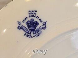 5 pcs. ANTIQUE JOHNSON BROS. PEACH ROYAL PATTERN FLOW BLUE w GOLD DINNER PLATES