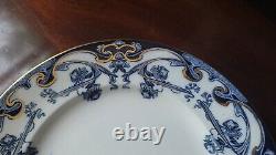 (6) A J Wilkinson Staffordshire Pottery Iris Flow Blue 10 Dinner Plates Gold