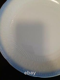 6-Anchor Hocking Alice White Dinner Plates 9 1/4 Floral (Blue Trim) Glass