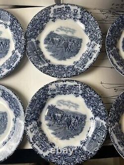 (6) Antique 1890s Wedgwood Imperial Porcelain Flow Blue Cow Plate 10 Set Of 6