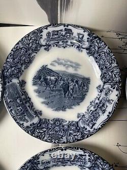 (6) Antique 1890s Wedgwood Imperial Porcelain Flow Blue Cow Plate 10 Set Of 6