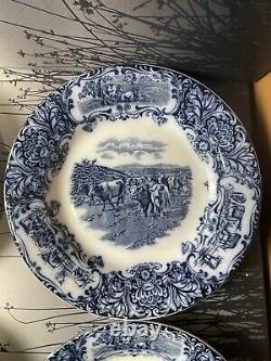 (6) Antique 1890s Wedgwood Imperial Porcelain Flow Blue Cow Plate 10 Set Of 6