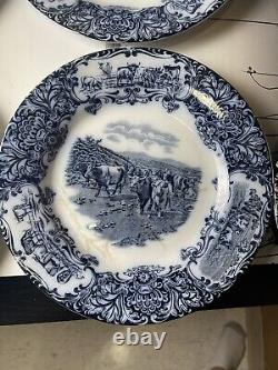 (6) Antique 1890s Wedgwood Imperial Porcelain Flow Blue Cow Plate 10 Set Of 6