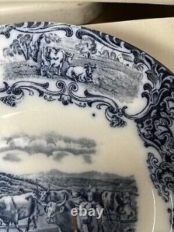 (6) Antique 1890s Wedgwood Imperial Porcelain Flow Blue Cow Plate 10 Set Of 6