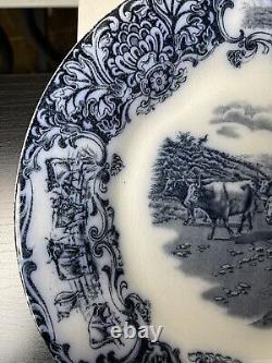 (6) Antique 1890s Wedgwood Imperial Porcelain Flow Blue Cow Plate 10 Set Of 6