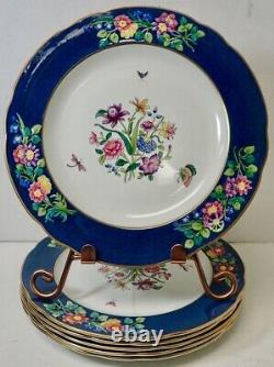 (6) Antique Copeland Spode Dinner Plates Raised Flowers & Cobalt Gold Rim 2-6935