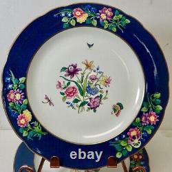 (6) Antique Copeland Spode Dinner Plates Raised Flowers & Cobalt Gold Rim 2-6935