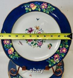 (6) Antique Copeland Spode Dinner Plates Raised Flowers & Cobalt Gold Rim 2-6935