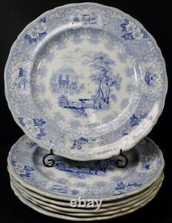 (6) Antique Dinner Plates E C Parma English Ironstone Blue Transferware ca. 1850