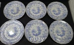 (6) Antique Dinner Plates E C Parma English Ironstone Blue Transferware ca. 1850