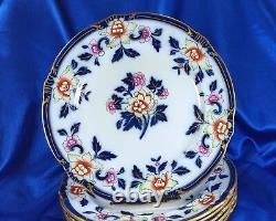 6 Antique Flow Blue Polychrome 10 Colorful Floral Dinner Plates Cauldon Exc