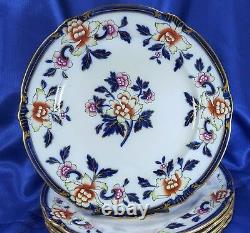 6 Antique Flow Blue Polychrome 10 Colorful Floral Dinner Plates Cauldon Exc