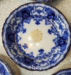 6 Antique John Maddock & Sons Dainty Flow Blue Soup Bowls Gold Detail 8 inch