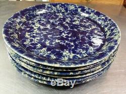 6 Bennington Blue Agate Stoneware 1669 Dinner Plates 10.5, Vermont Spatterware