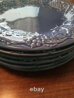 6 Bordallo Pinheiro Grape Blue Embossed Grapes and Vines Luncheon Dinner Plates