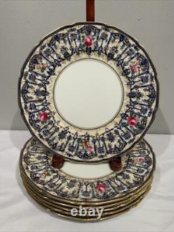 6 Elaborate Cobalt Blue Panels Gold Floral Dinner Plates Royal Doulton 1920's