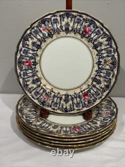 6 Elaborate Cobalt Blue Panels Gold Floral Dinner Plates Royal Doulton 1920's