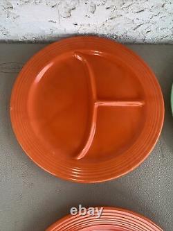 6 Fiesta ware vintage divided, compartment plates, 2 orange, 3 green, 1 Blue