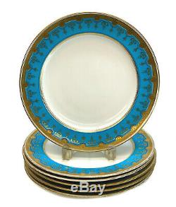 6 Minton England Porcelain Dinner Plates, Blue & Gilt Flowers, 1873