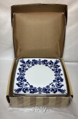 6 NIB Blue & White Bombay Asian Garden Square Dinner Plates Platinum Trim 11