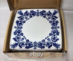 6 NIB Blue & White Bombay Asian Garden Square Dinner Plates Platinum Trim 11