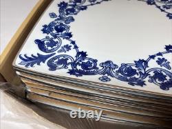 6 NIB Blue & White Bombay Asian Garden Square Dinner Plates Platinum Trim 11