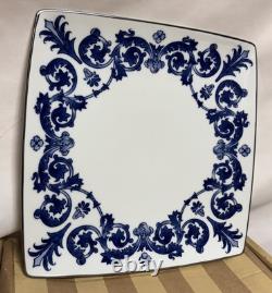 6 NIB Blue & White Bombay Asian Garden Square Dinner Plates Platinum Trim 11