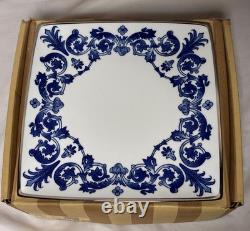 6 NIB Blue & White Bombay Asian Garden Square Dinner Plates Platinum Trim 11