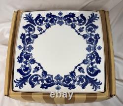 6 NIB Blue & White Bombay Asian Garden Square Dinner Plates Platinum Trim 11