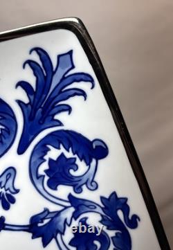 6 NIB Blue & White Bombay Asian Garden Square Dinner Plates Platinum Trim 11