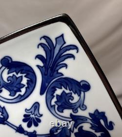 6 NIB Blue & White Bombay Asian Garden Square Dinner Plates Platinum Trim 11