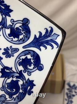 6 NIB Blue & White Bombay Asian Garden Square Dinner Plates Platinum Trim 11