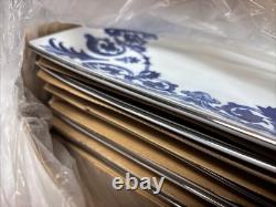 6 NIB Blue & White Bombay Asian Garden Square Dinner Plates Platinum Trim 11