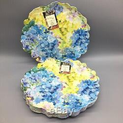 6 Nicole Miller MELAMINE Dinner Plate Set Hydrangea Blue Green Yellow Floral NEW